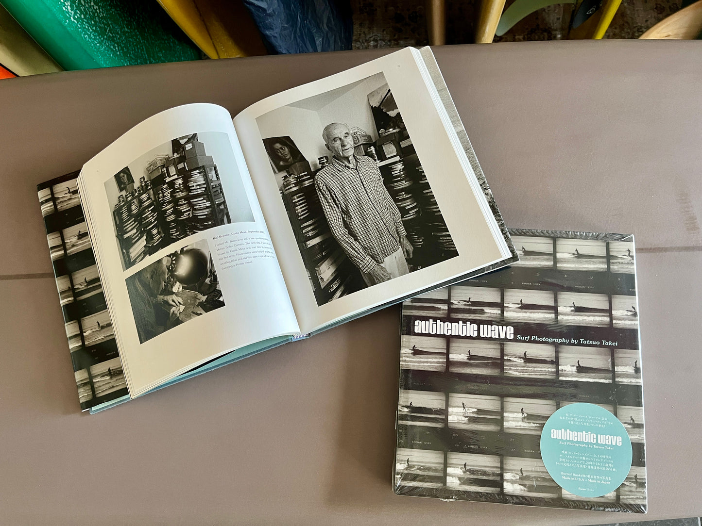 Cover and inside pages of Authentic Wave by Tatsuo Takei, showing black-and-white surf photography.