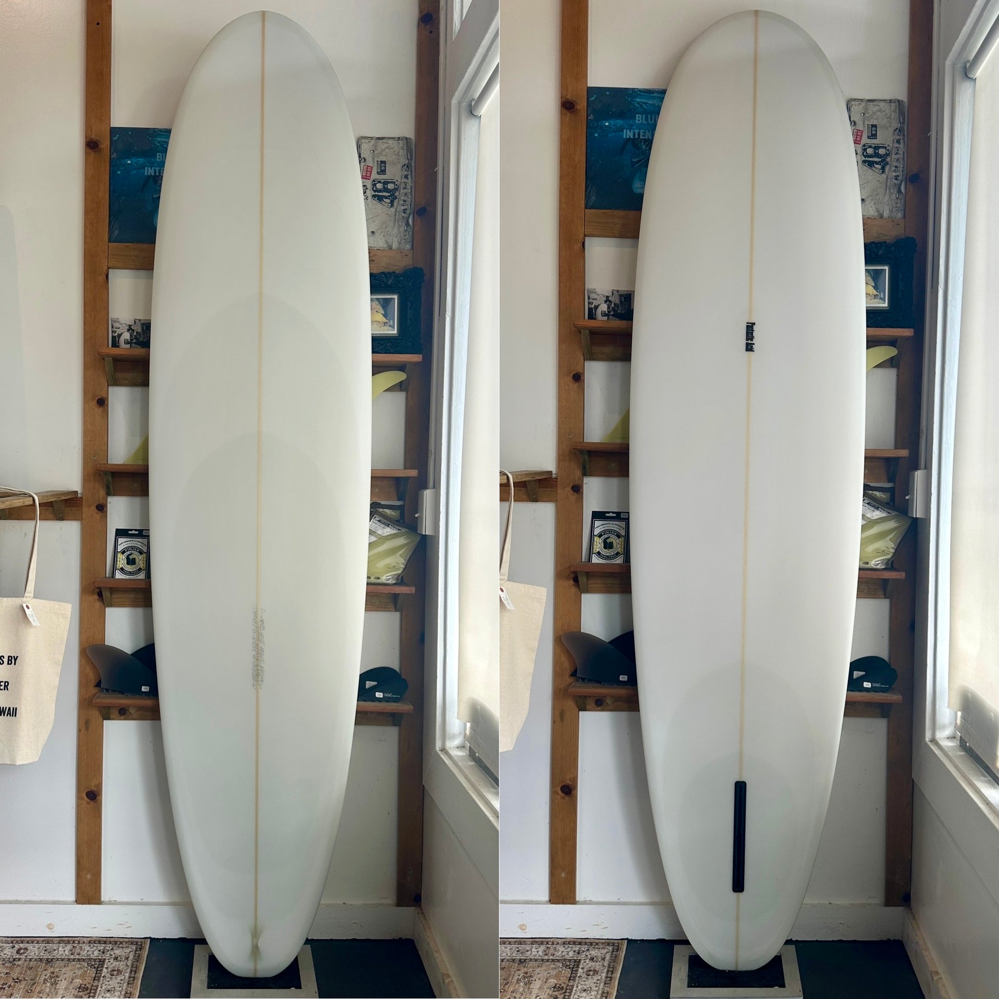 7’10” thumb tail hull surfboard shaped by Tristan “Fantastic Acid” and glassed by Todd Pinder, designed for smaller, flatter waves