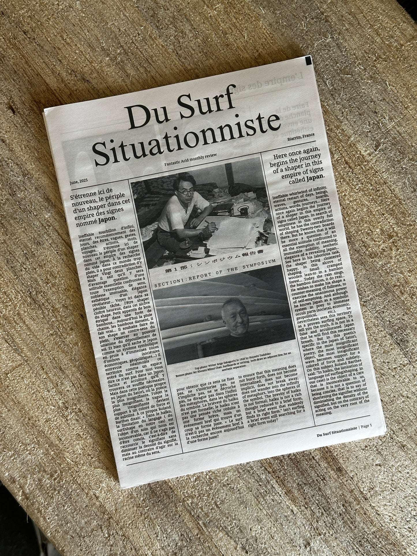 Front cover of “Du Surf Situationniste” bilingual surf newspaper by Tristan aka Fantastic Acid